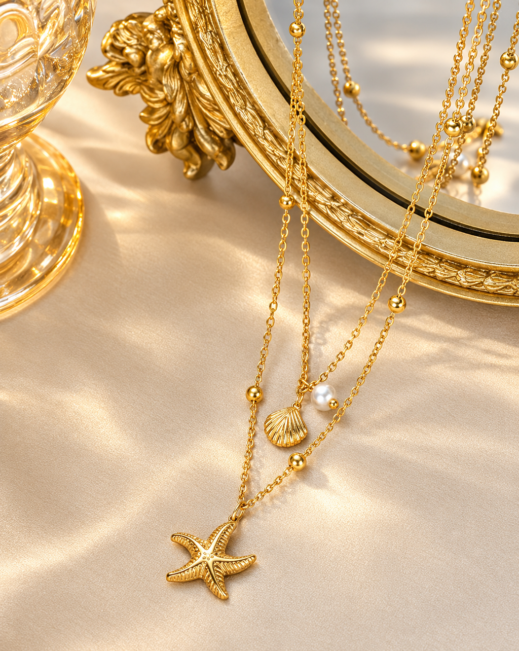 Gold Plated Pearl & Starfish Layered Necklace for Women - product image 5
