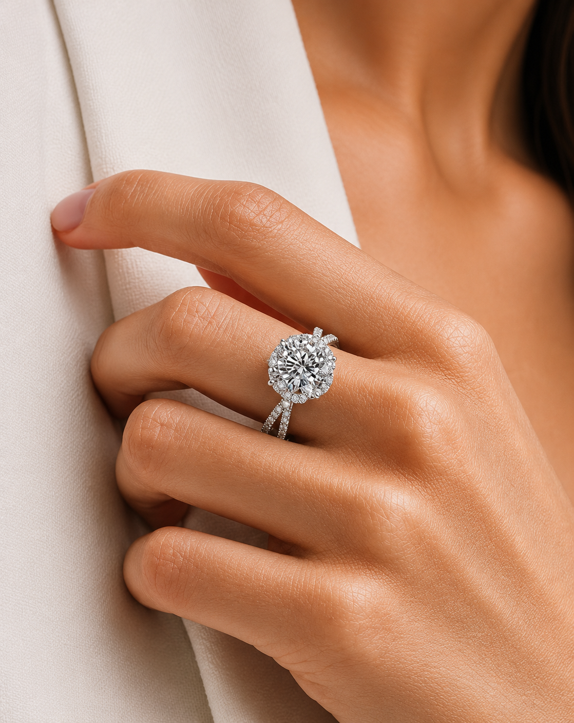 1CT Moissanite Halo Ring in 925 Sterling Silver | Twisted Band