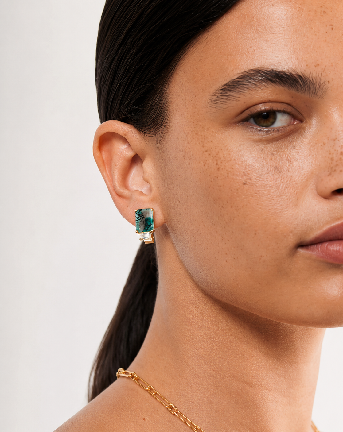 Green Agate Geometric Stud Earrings | 18K Gold-Plated S925 Silver