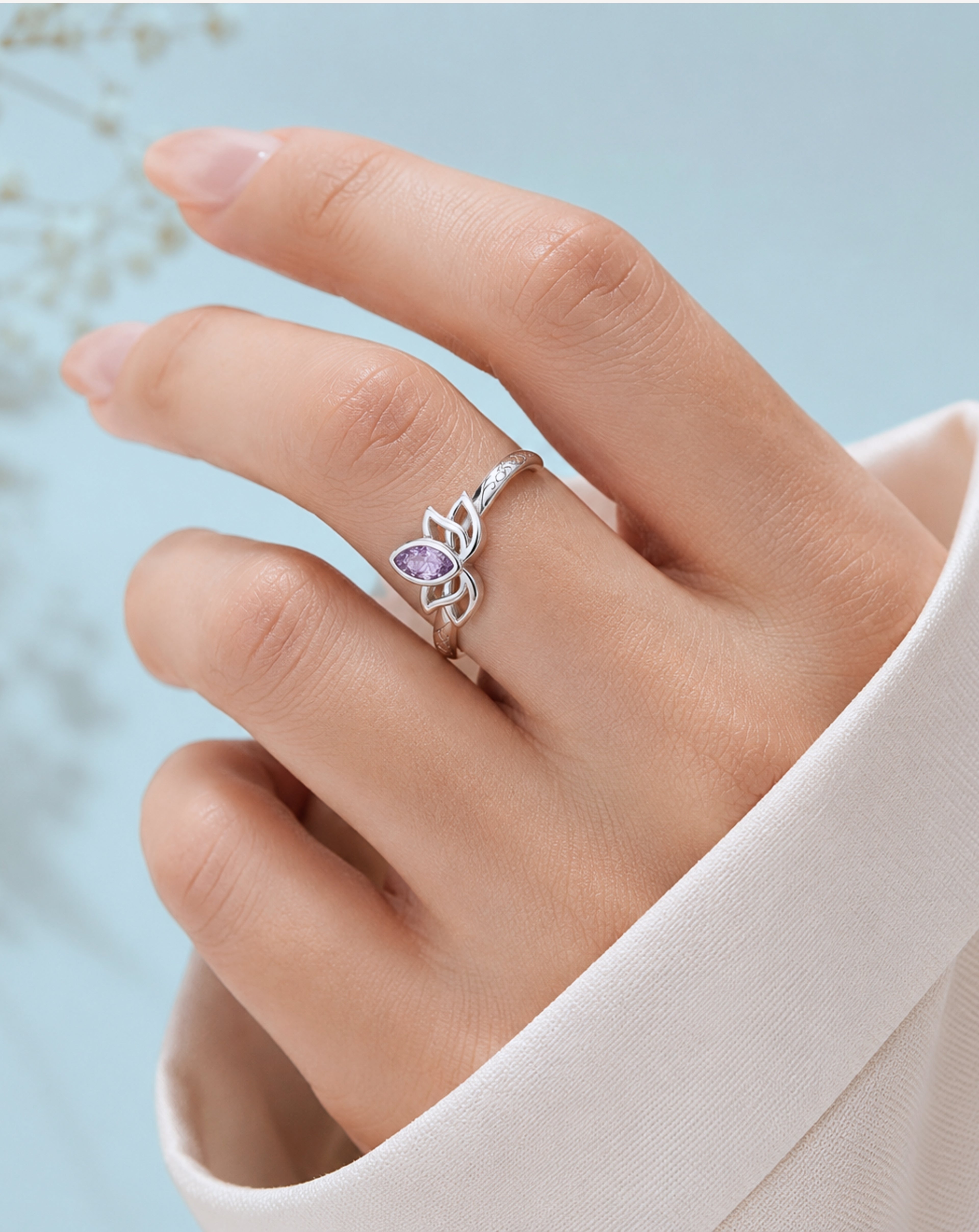 925 Sterling Silver Purple Zircon Lotus Open Ring for Women