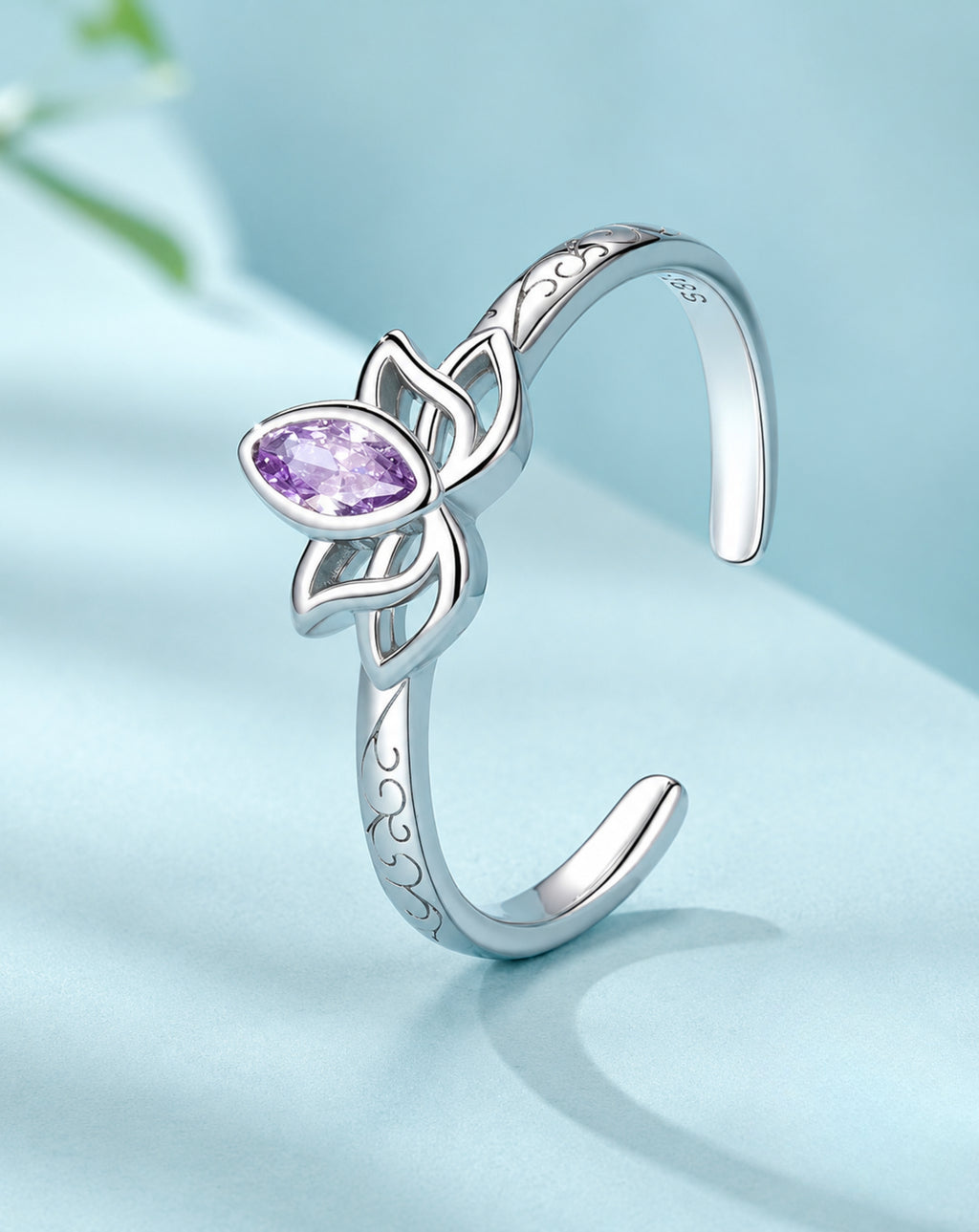925 Sterling Silver Purple Zircon Lotus Open Ring for Women