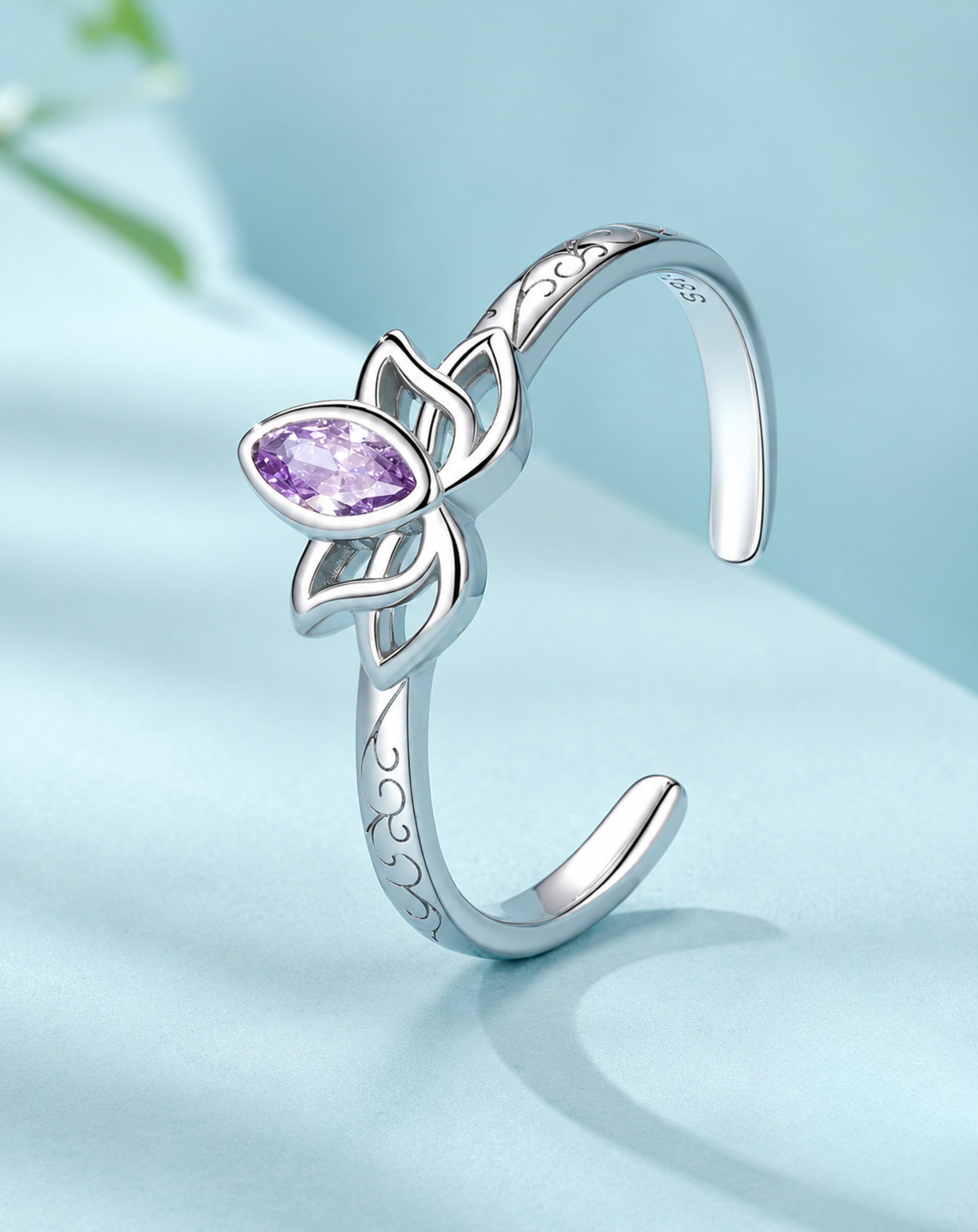 925 Sterling Silver Purple Zircon Lotus Open Ring for Women