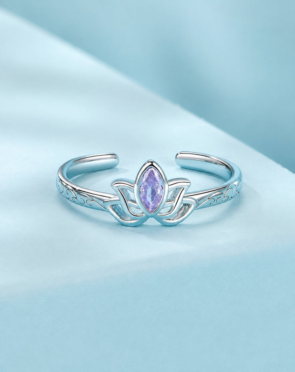 925 Sterling Silver Purple Zircon Lotus Open Ring for Women