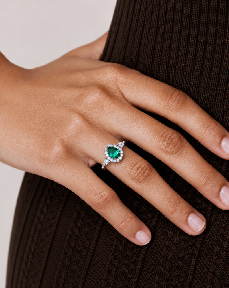 925 Sterling Silver Emerald Green Pear Ring | Adjustable Luxury Ring for Women