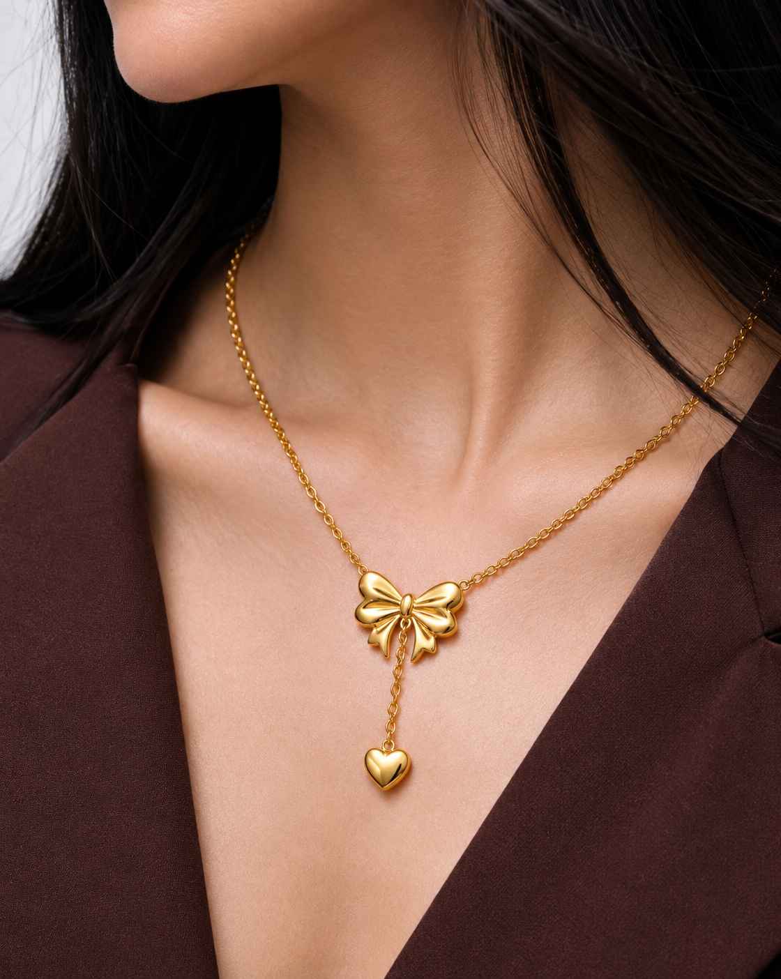 Gold Plated Bow & Heart Pendant Necklace for Women - product image 3