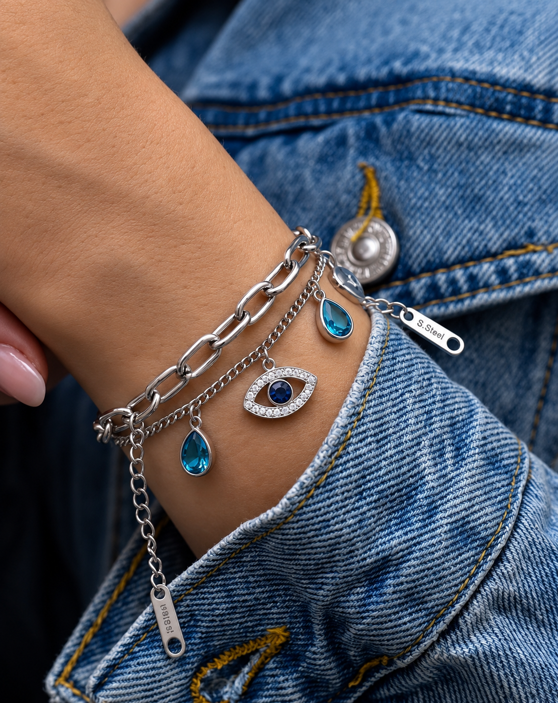Silver Plated Blue Evil Eye Layered Charm Bracelet for Women - product image 2