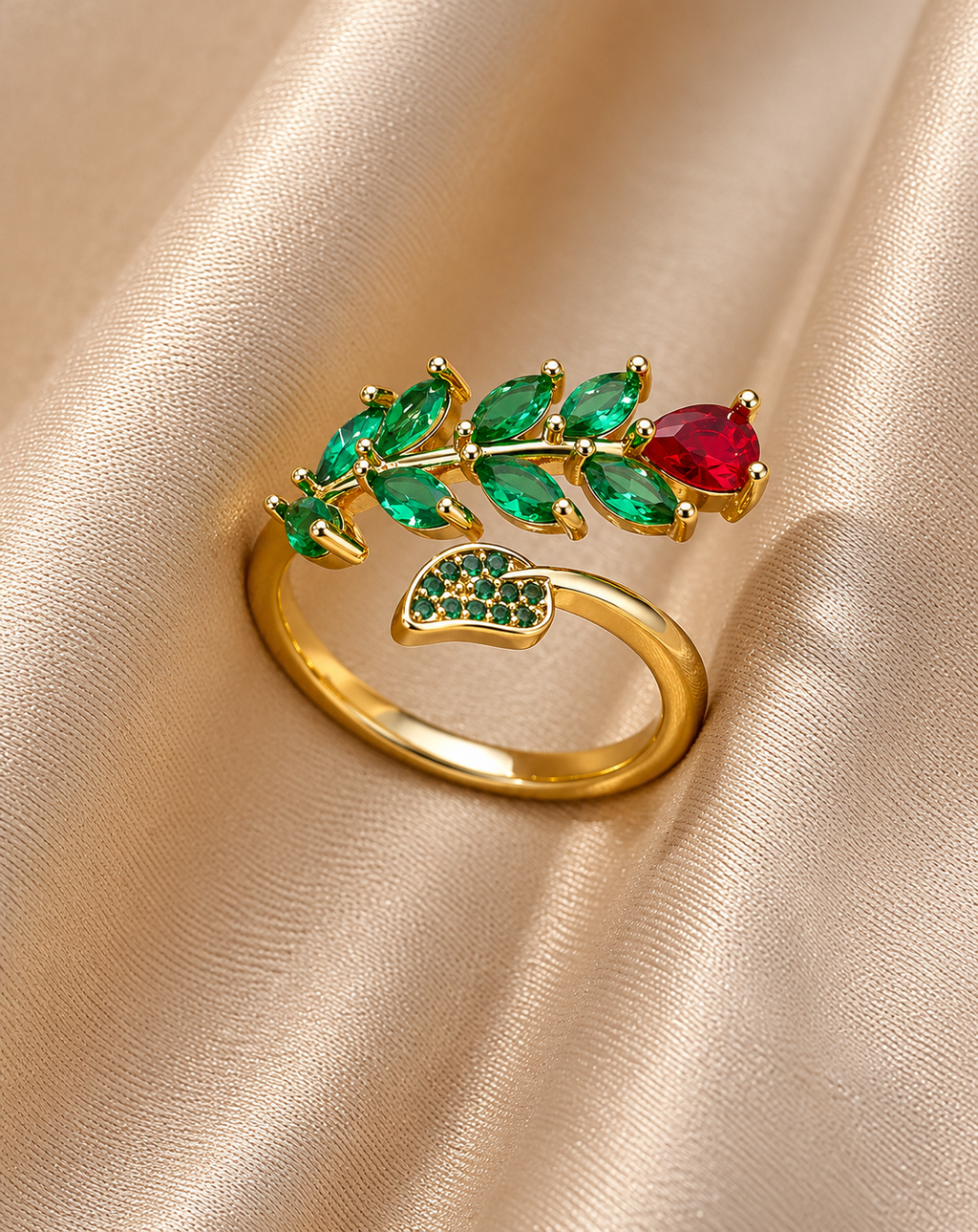 Gold Plated Red & Green Floral Open Ring for Women - product image 3