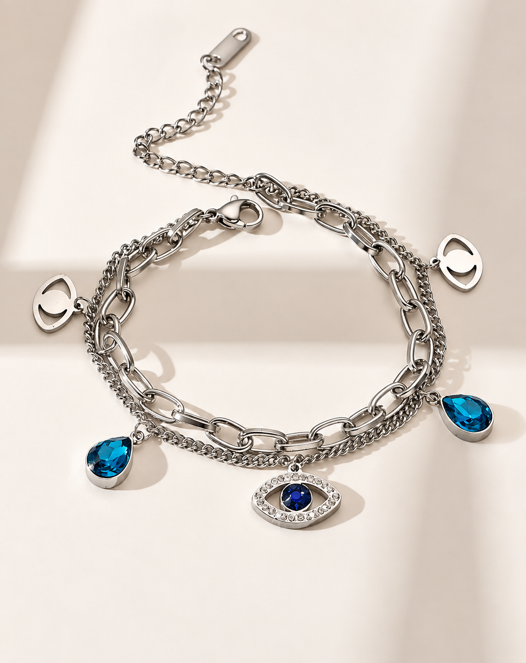 Silver Plated Blue Evil Eye Layered Charm Bracelet for Women - product image 4