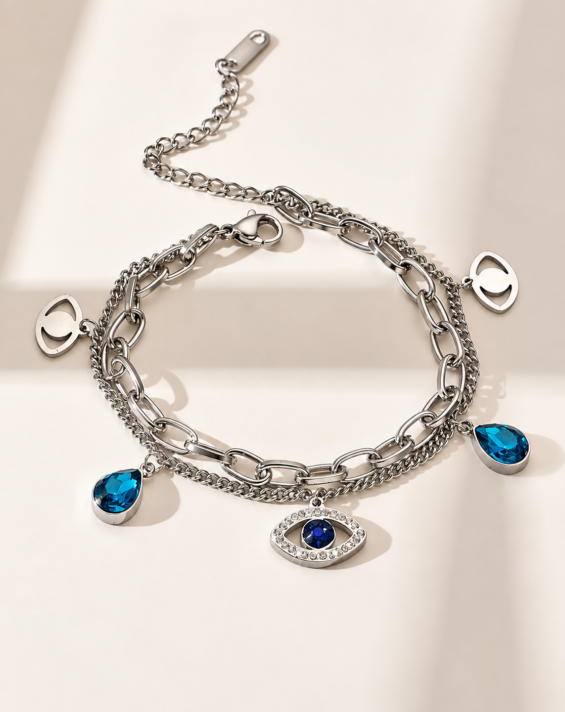 Silver Plated Blue Evil Eye Layered Charm Bracelet for Women - product image 4