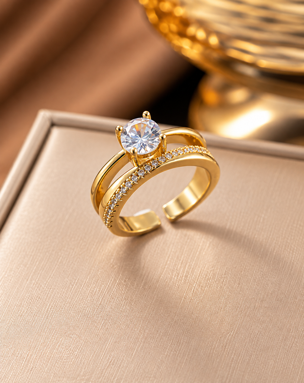 Gold Plated Solitaire Crystal Double Band Open Ring for Women - product image 4