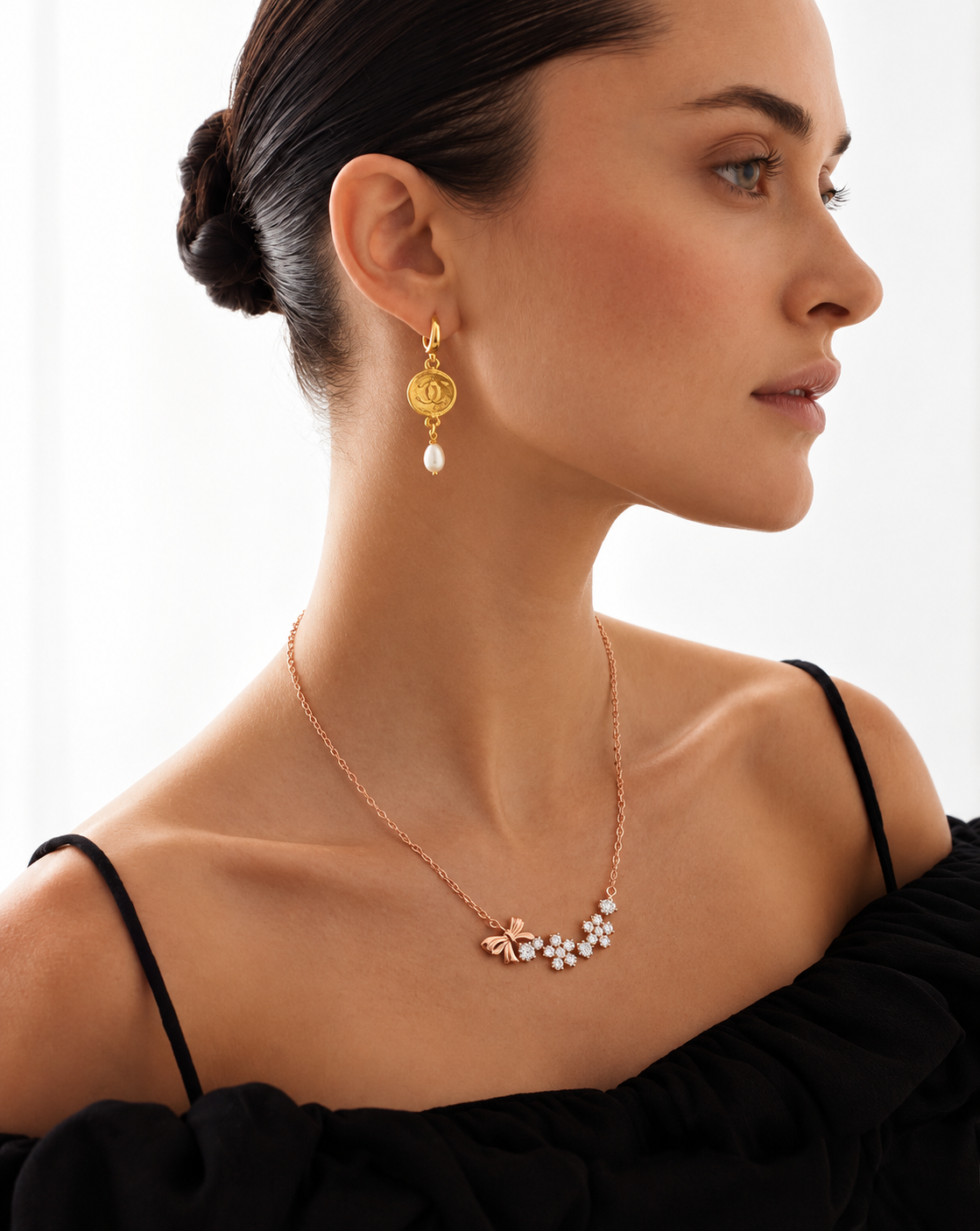 Rose Gold Plated Crystal Floral Bow Necklace for Women - product image 2