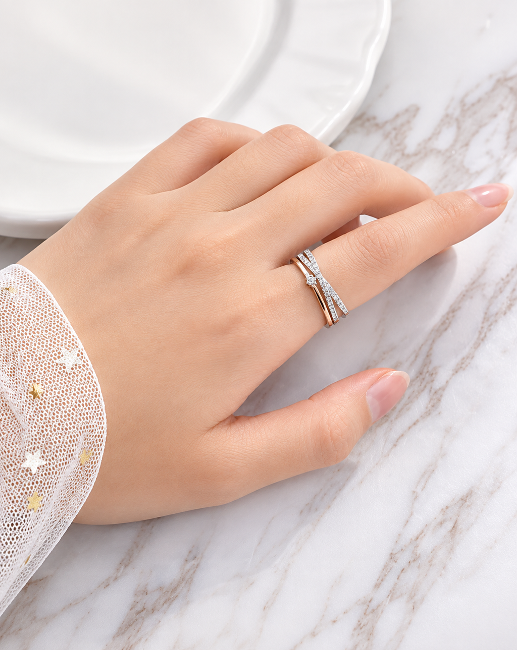 Silver Plated Crystal Double Band Open Ring for Women - product image 3
