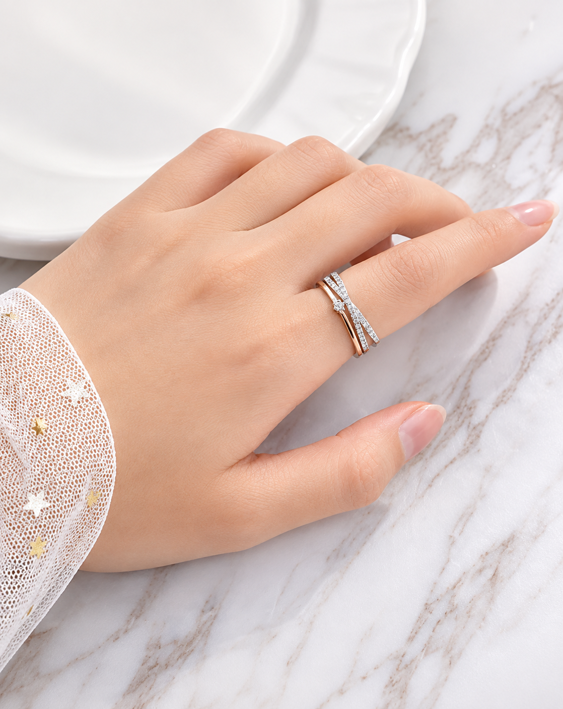 Silver Plated Crystal Double Band Open Ring for Women - product image 3