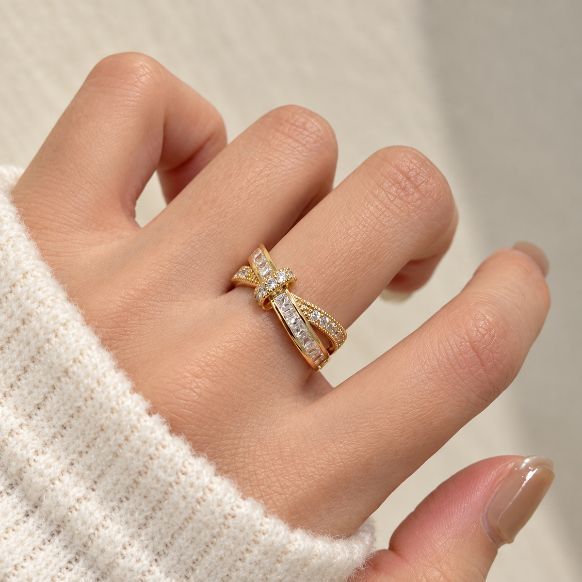 Gold Plated Crystal Bow Crossover Open Ring for Women - product image 3