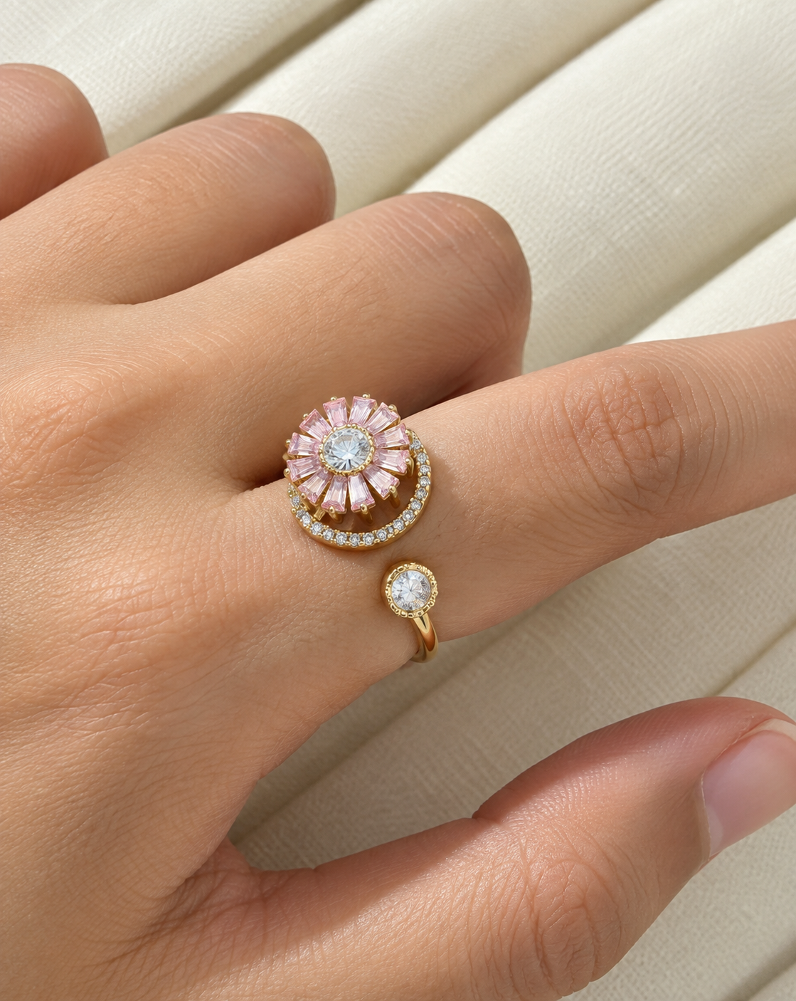 Gold Plated Pink Crystal Floral Open Ring for Women - product image 2