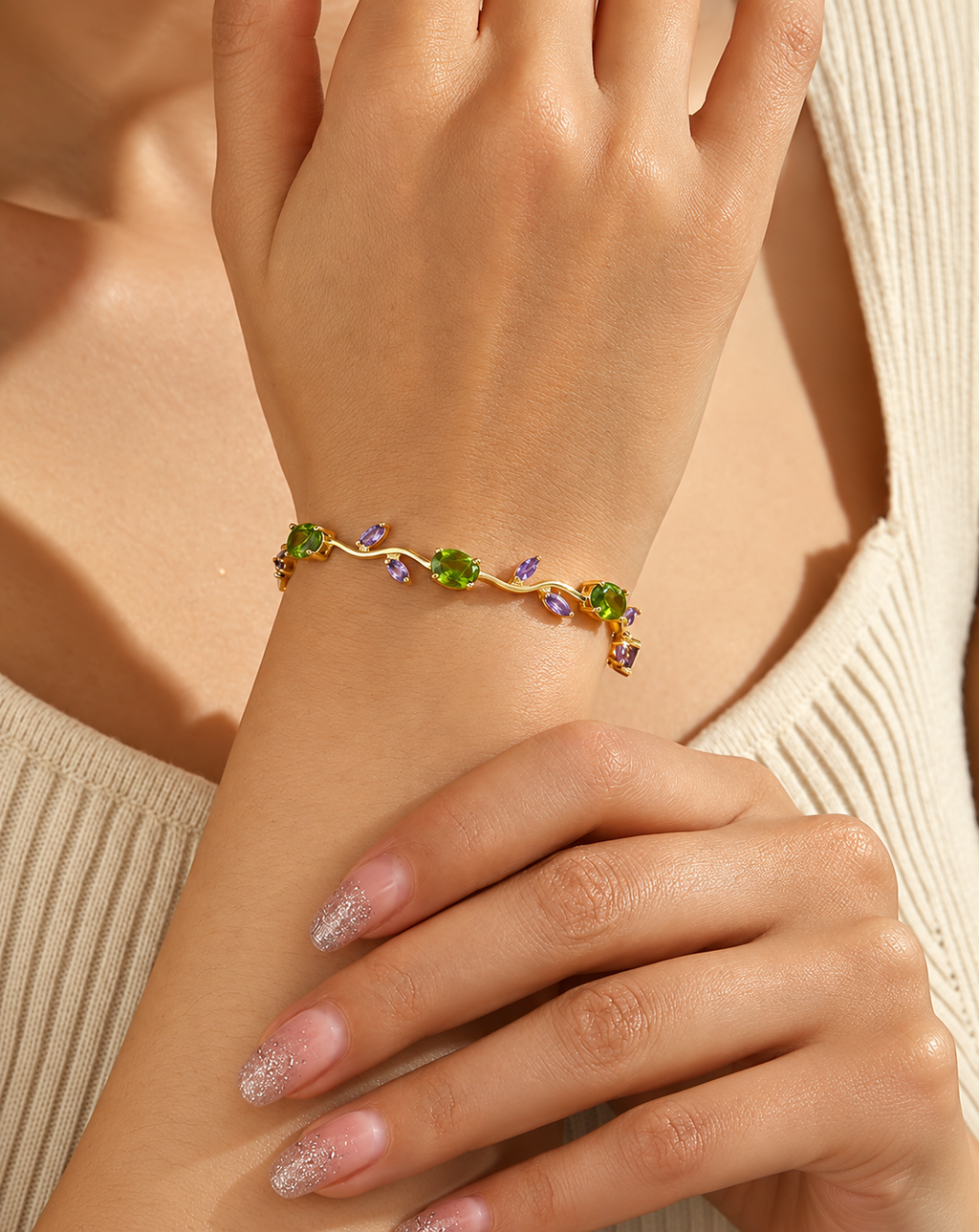 Gold Plated Green & Purple Crystal Floral Bracelet for Women - product image 2