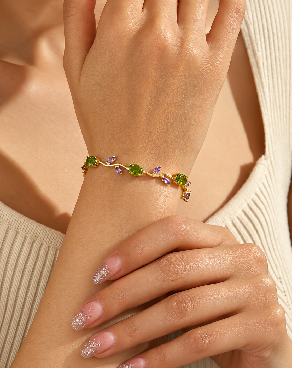 Gold Plated Green & Purple Crystal Floral Bracelet for Women - product image 2