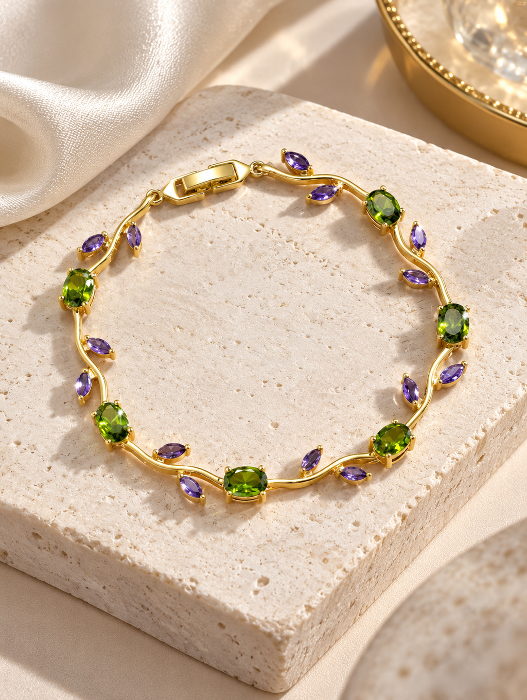 Gold Plated Green & Purple Crystal Floral Bracelet for Women - product image 4