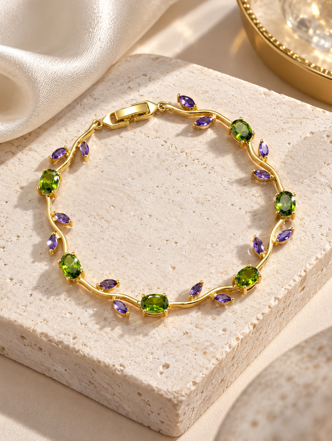 Gold Plated Green & Purple Crystal Floral Bracelet for Women - product image 4