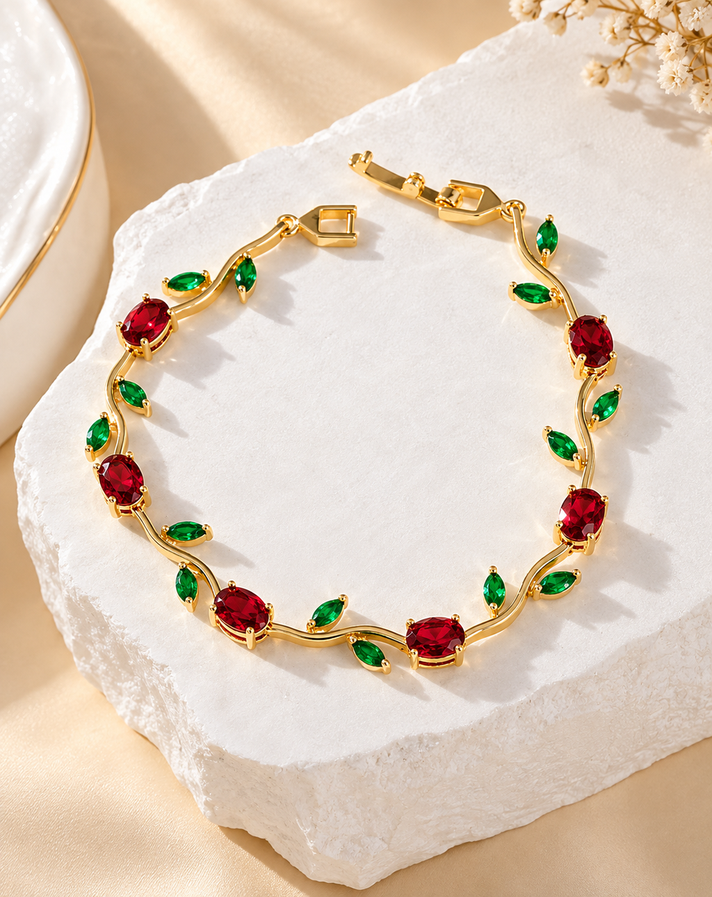 Gold Plated Red & Green Crystal Floral Bracelet for Women - product image 4