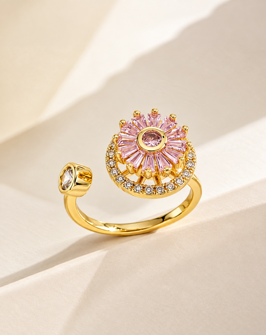 Gold Plated Pink Crystal Floral Open Ring for Women - product image 3