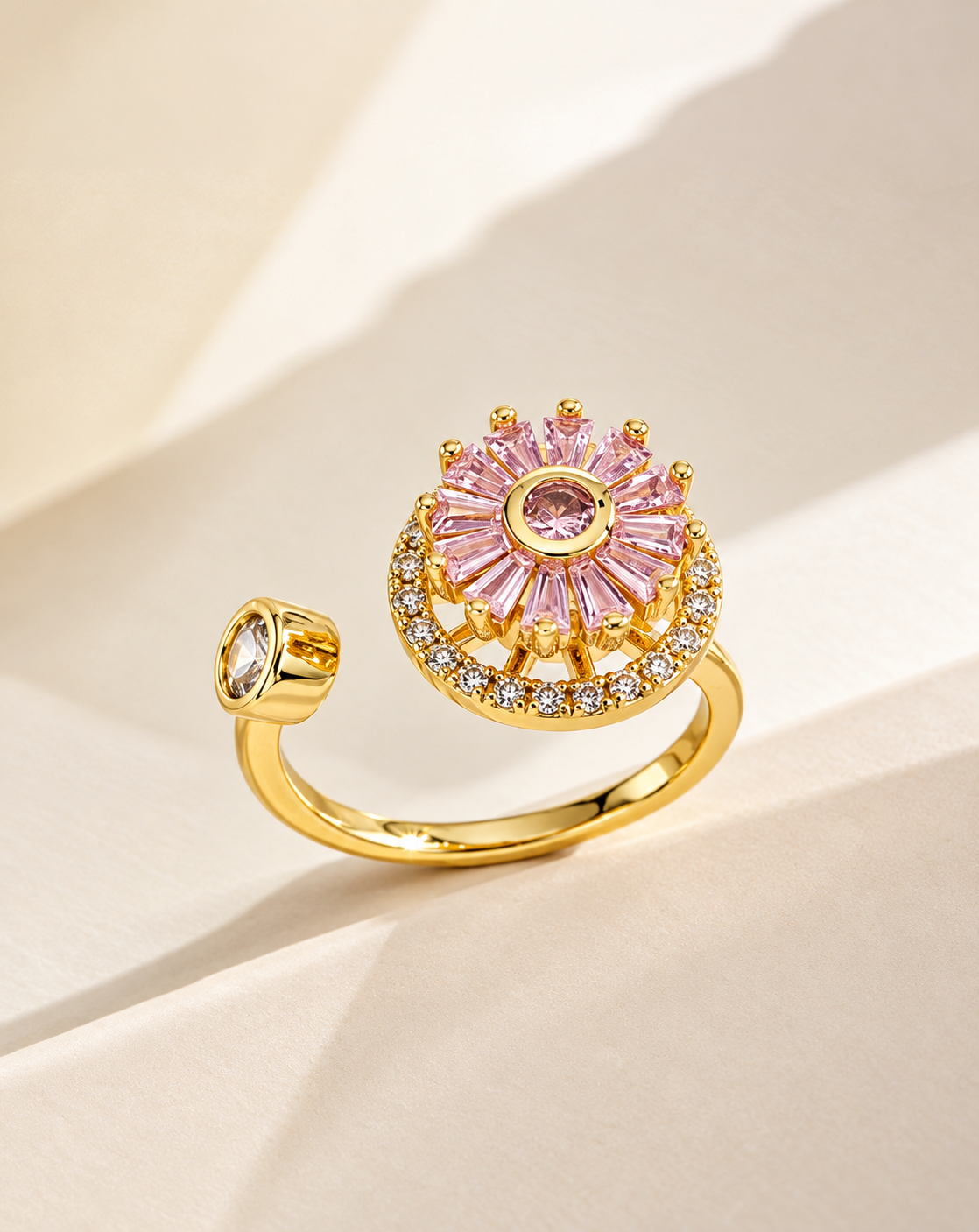 Gold Plated Pink Crystal Floral Open Ring for Women - product image 3