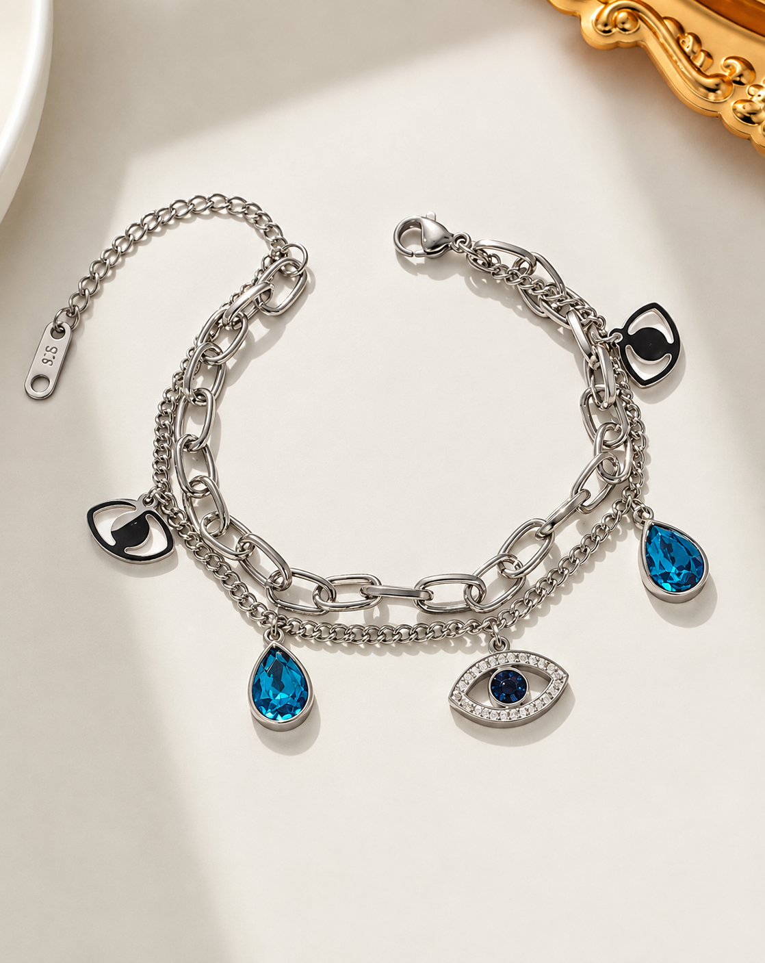 Silver Plated Blue Evil Eye Layered Charm Bracelet for Women - product image 3