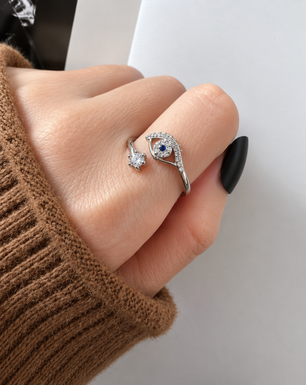 Silver Plated Blue Evil Eye Crystal Open Ring for Women - product image 2