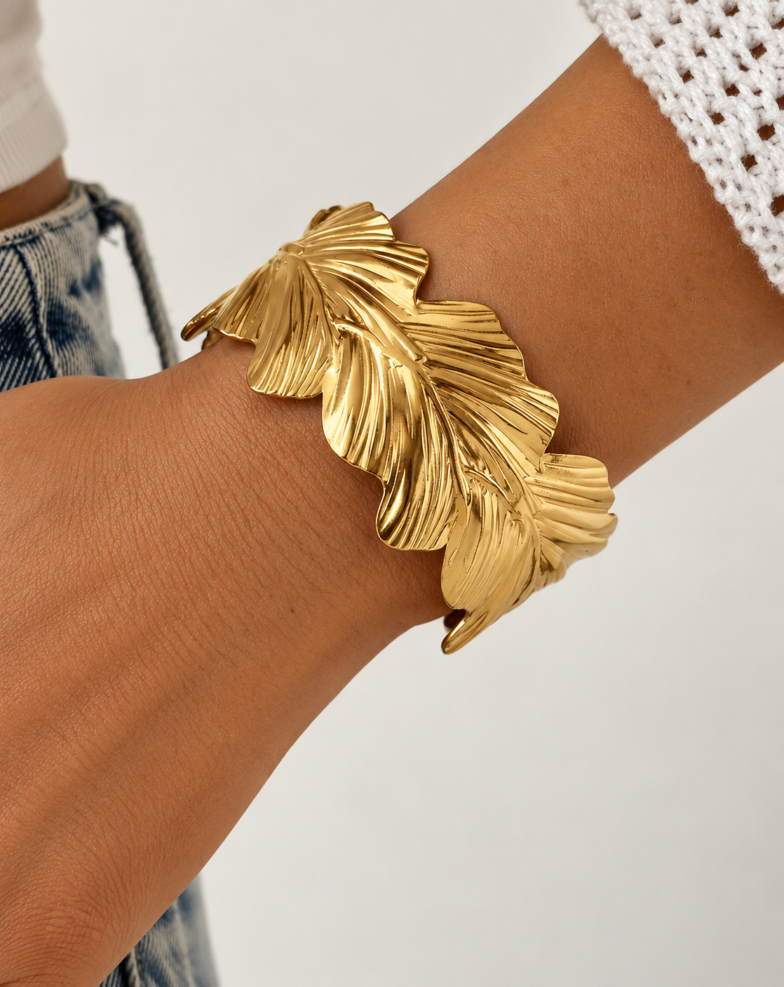 Gold Plated Leaf Sculpted Cuff Bangle for Women - product image 2