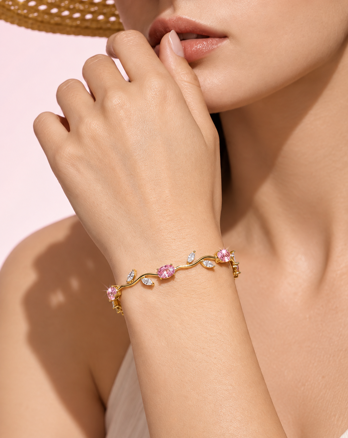 Gold Plated Pink Crystal Floral Bracelet for Women - product image 2