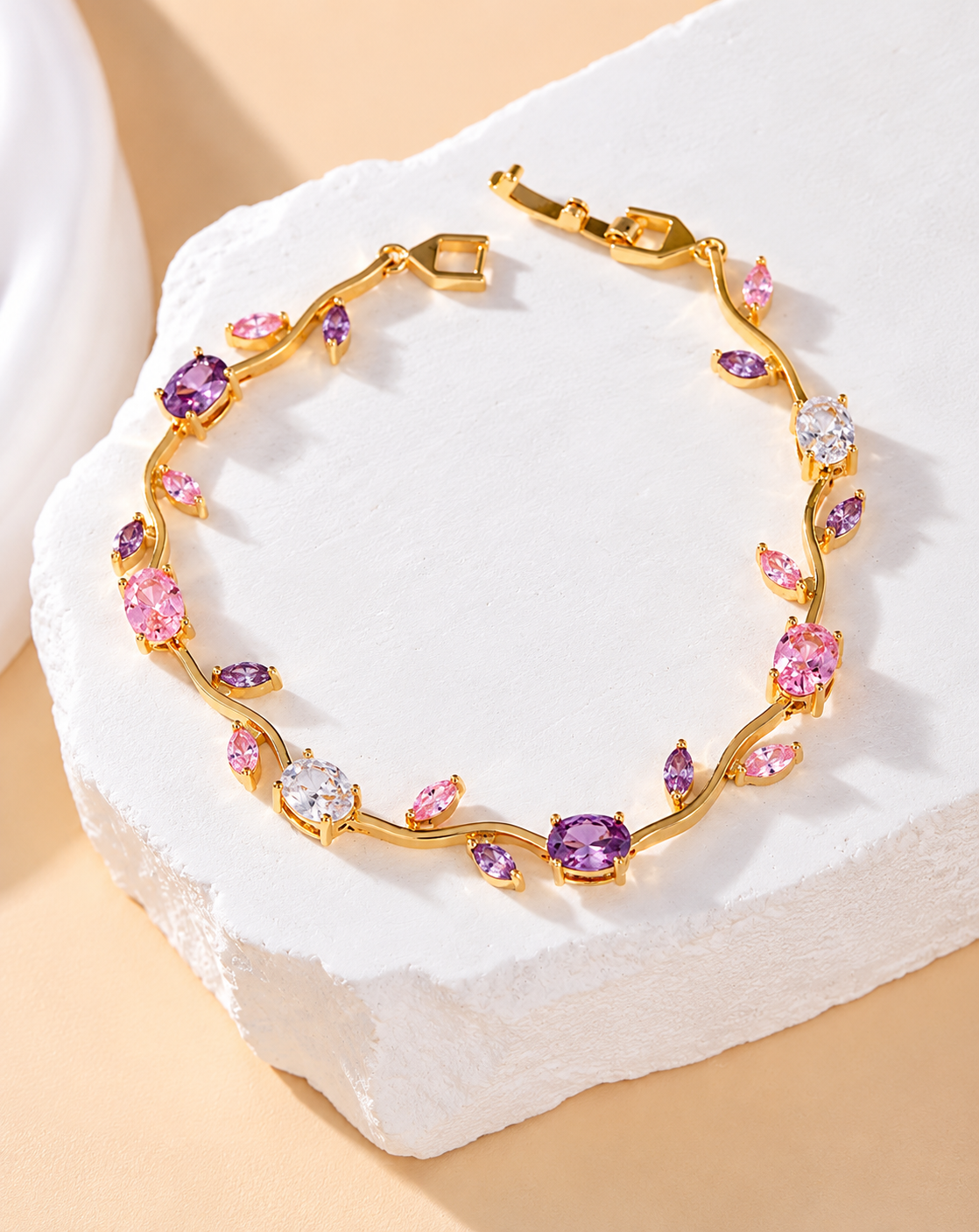 Gold Plated Pink & Purple Crystal Floral Bracelet for Women - product image 4
