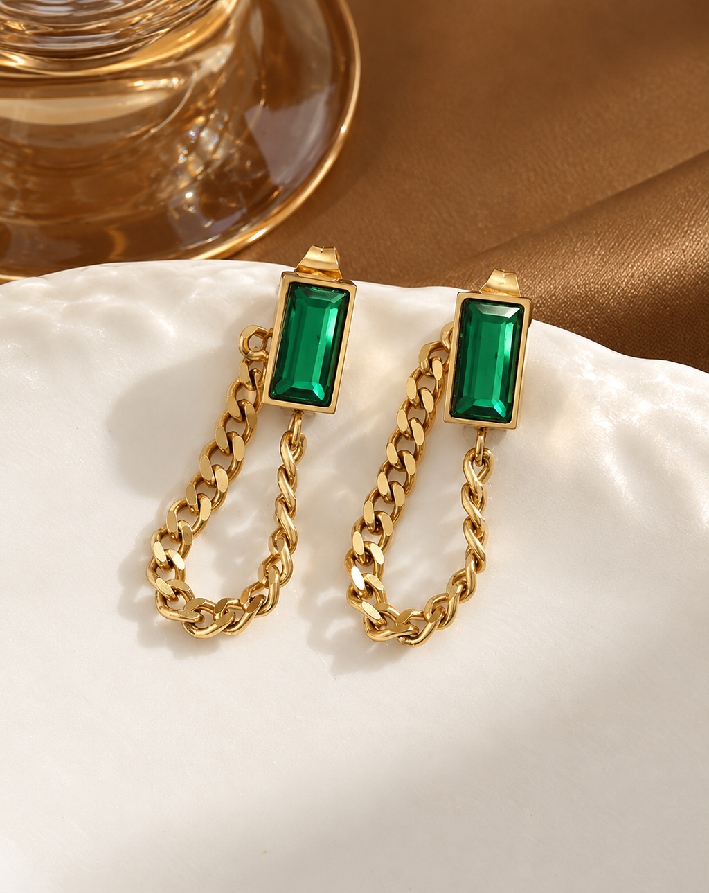 Gold Plated Green Crystal Chain Drop Earrings for Women - product image 3