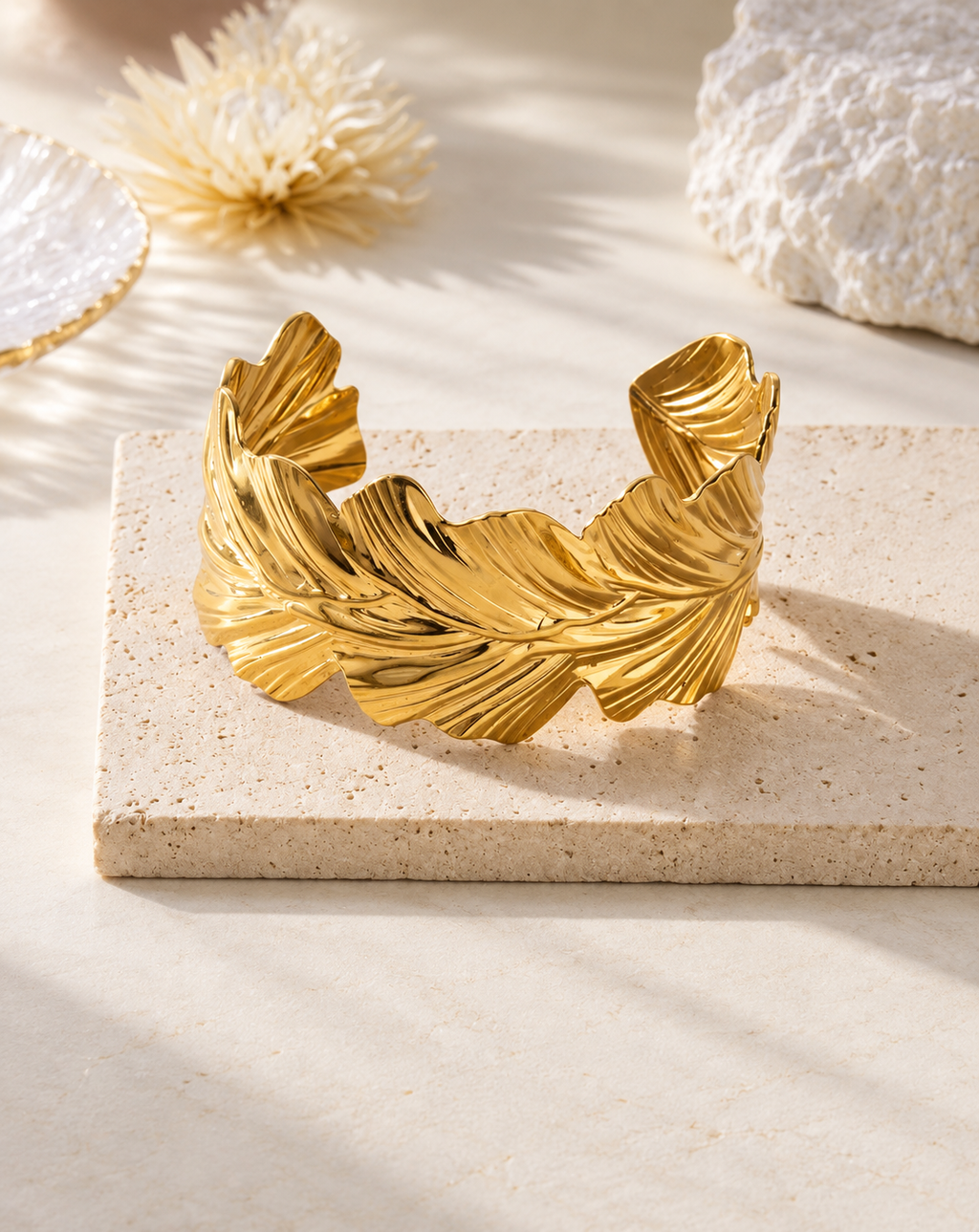 Gold Plated Leaf Sculpted Cuff Bangle for Women - product image 4