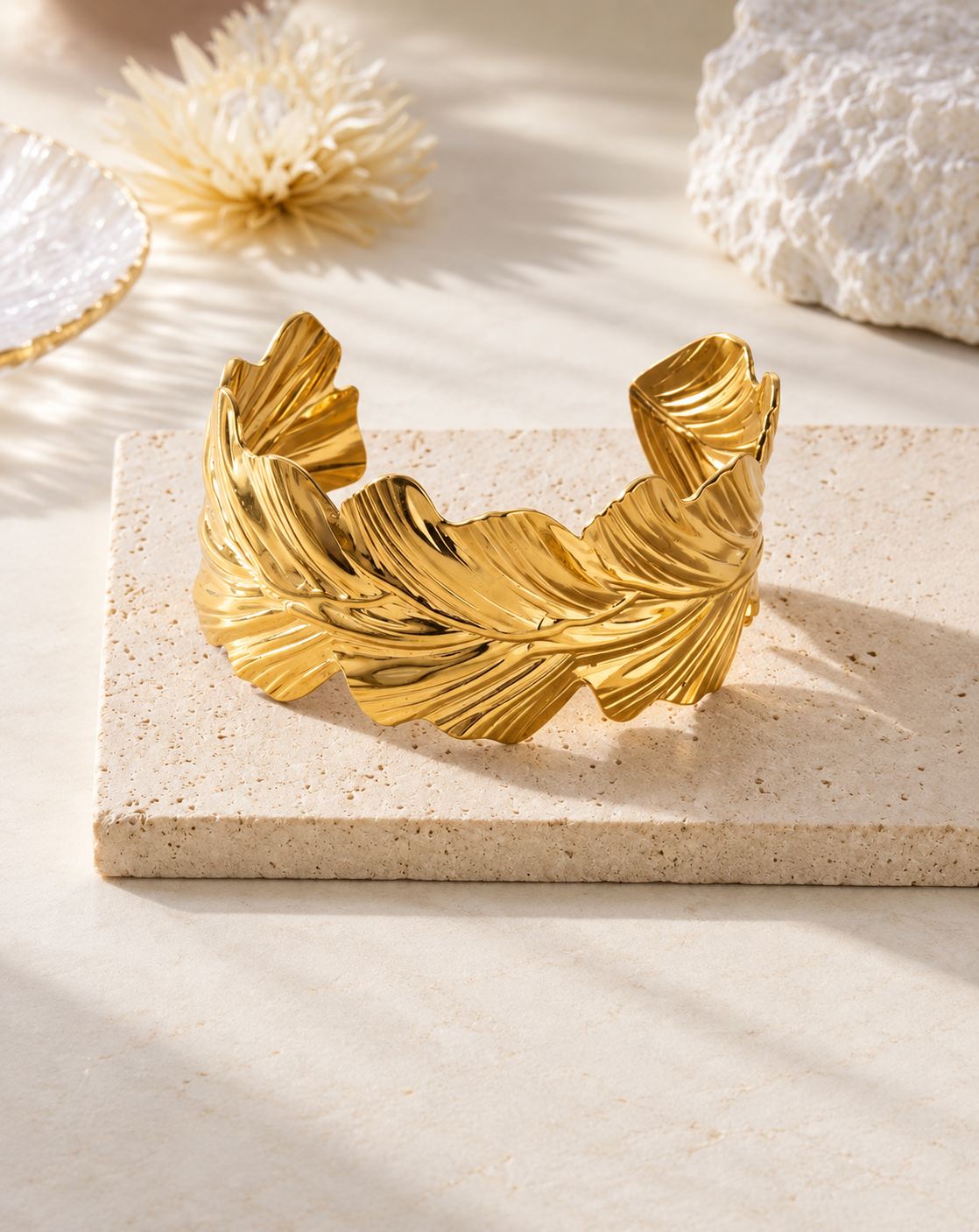 Gold Plated Leaf Sculpted Cuff Bangle for Women - product image 4