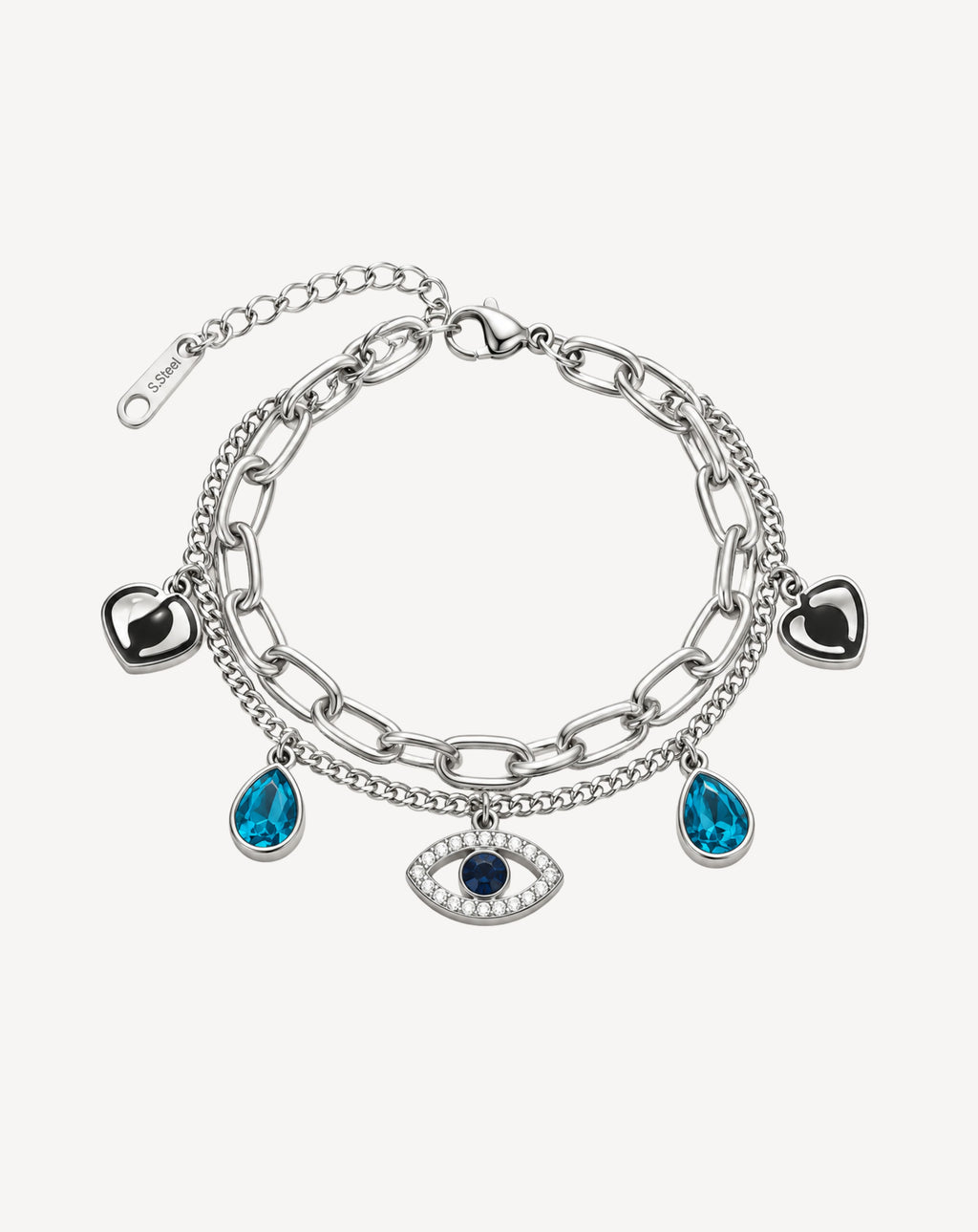 Silver Plated Blue Evil Eye Layered Charm Bracelet for Women - product image 1