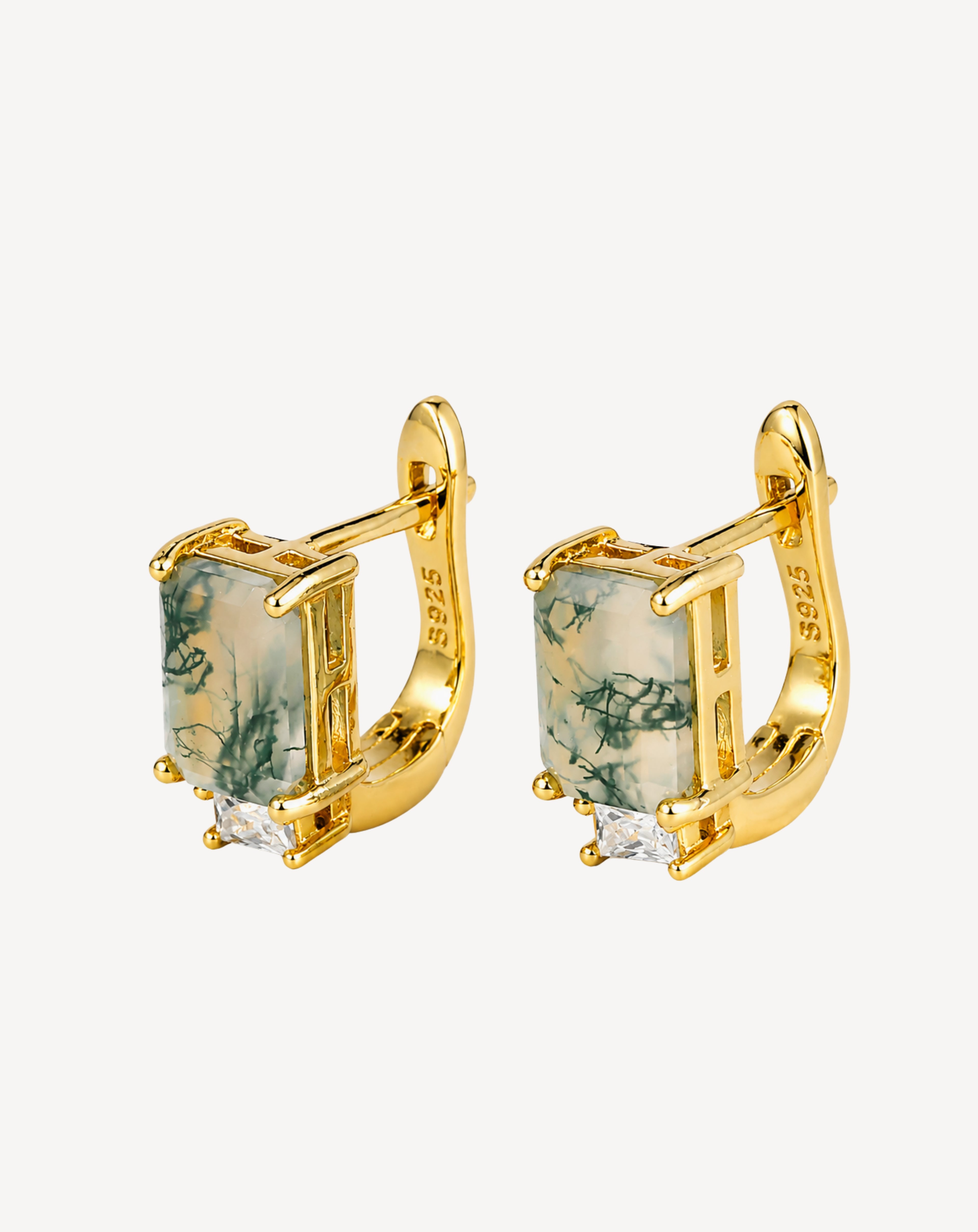 Green Agate Geometric Stud Earrings | 18K Gold-Plated S925 Silver