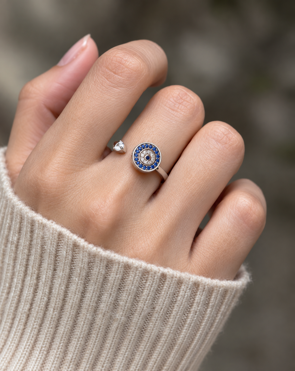 Silver Plated Blue Evil Eye Crystal Open Ring for Women - product image 3