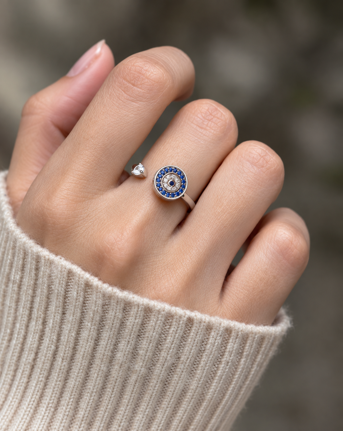 Silver Plated Blue Evil Eye Crystal Open Ring for Women - product image 3