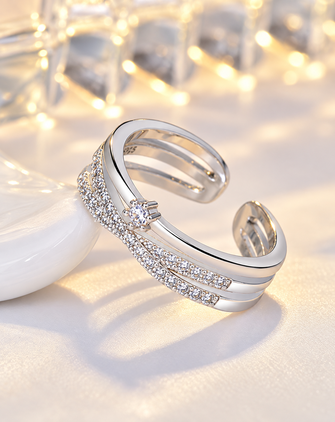 Silver Plated Crystal Double Band Open Ring for Women - product image 4